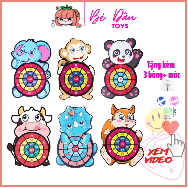 Đồ chơi Bảng phi tiêu bóng dính cho bé, bảng ném bóng gai tính điểm hình con vật ngộ nghĩnh tặng kèm 3 trái bóng