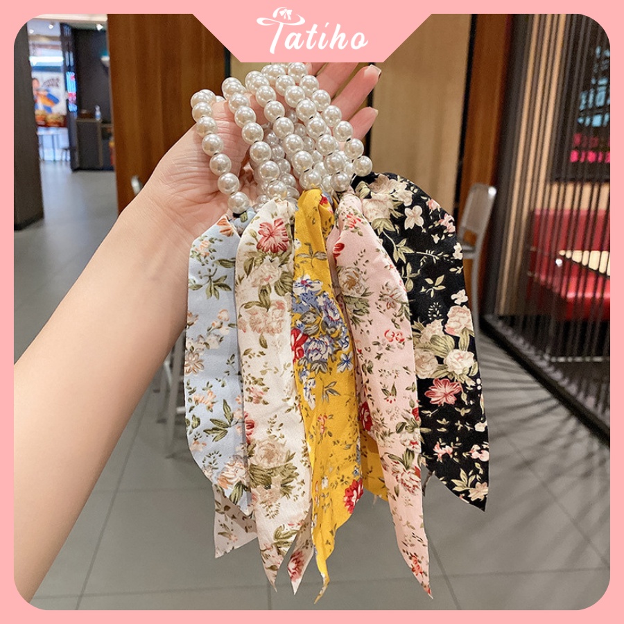 Cột Tóc, Ruy Băng Turban Chất Voan Họa Tiết Hoa Nhí Dây Chuỗi Phối Nơ Tiểu Thư Phong Cách Hàn Quốc - Tatiho - Mã SC016
