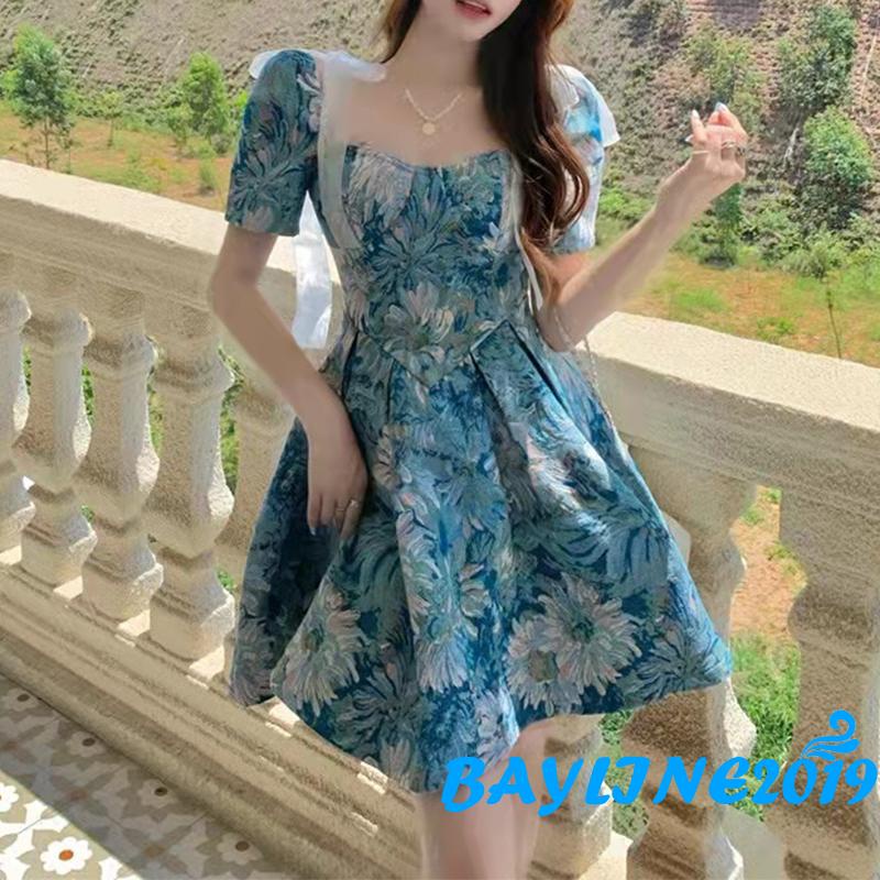 Đầm Chữ A Tay Ngắn Cổ Vuông In Họa Tiết Tranh Sơn Dầu Cổ Điển Dành Cho Nữ