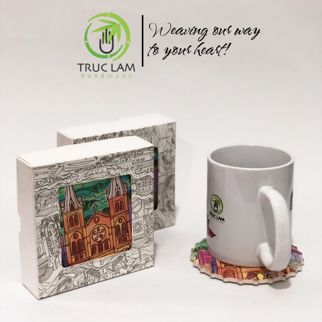 Bộ Lót Cốc Gốm Men Mờ 4 Chiếc Hình Nắp Bia Siêu Thấm Nước Có Đế Gỗ Chống Trơn Trượt - Trúc Lâm Handmade