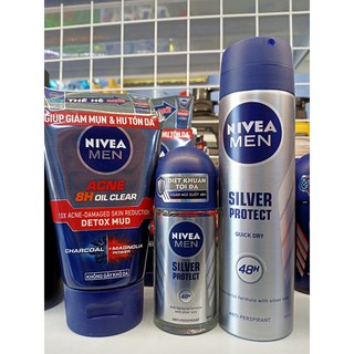 Combo Sữa rửa mặt Nivea Men 100g + Lăn khử mùi Nivea Men phân tử bạc 50ml + Xịt khử mùi Nivea Men Phân tử bạc 150ml