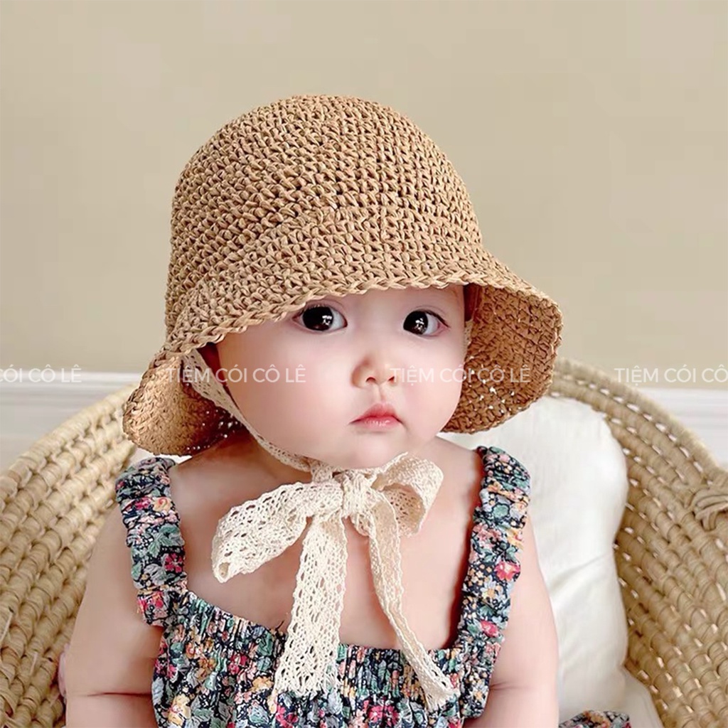 Nón cói em bé thắt dây nơ, mũ cói trẻ em đi biển cho bé 2-4 tuổi - Tiệm Cói Cô Lê