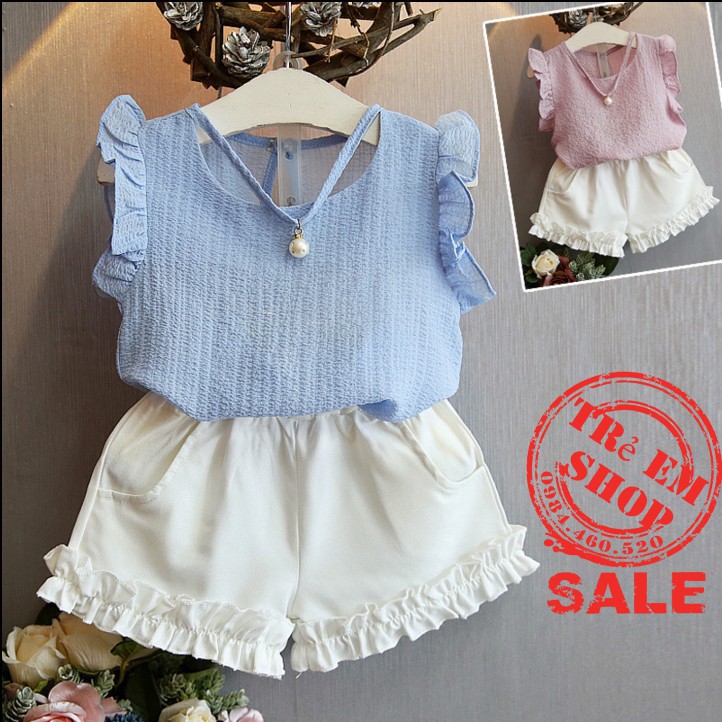 Set bộ áo và quần đùi kiểu cách nhúng bèo siêu xinh bé gái