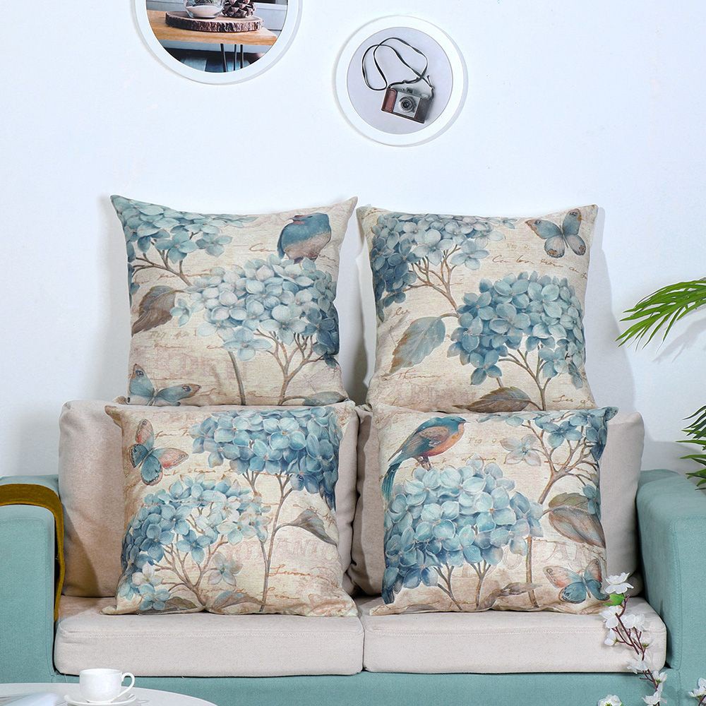 LUCKY 18x18in Bedroom Pillow Covers Home Decorations Blue Flowers and Birds Pillowcase Living Room Linen Square Retro Flax