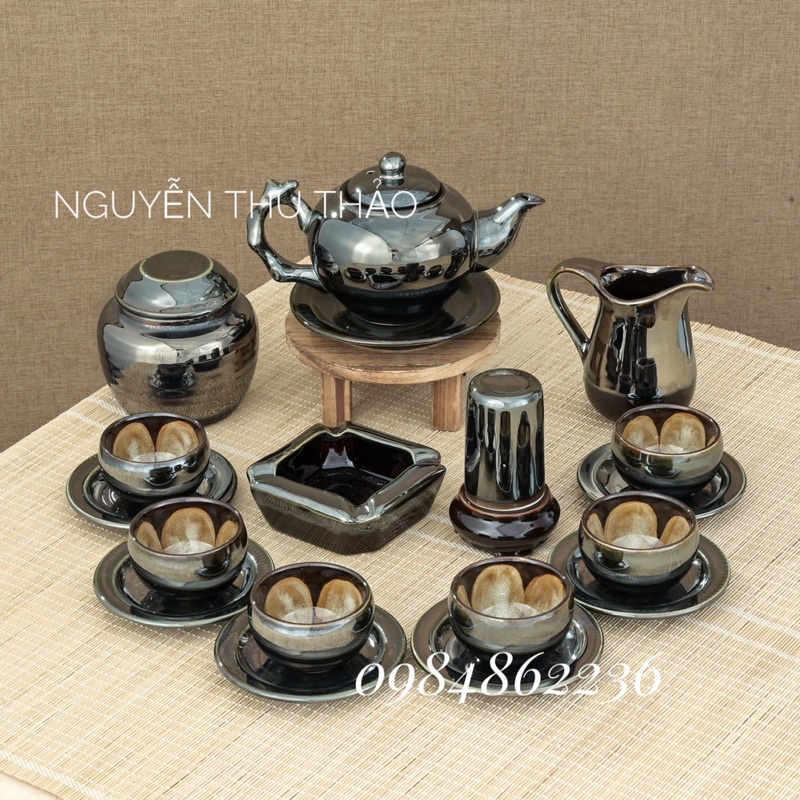 Bộ ấm chén men hoả biến rêu gương Bát Tràng- Bộ ấm chén đẹp- Bộ trà cao cấp