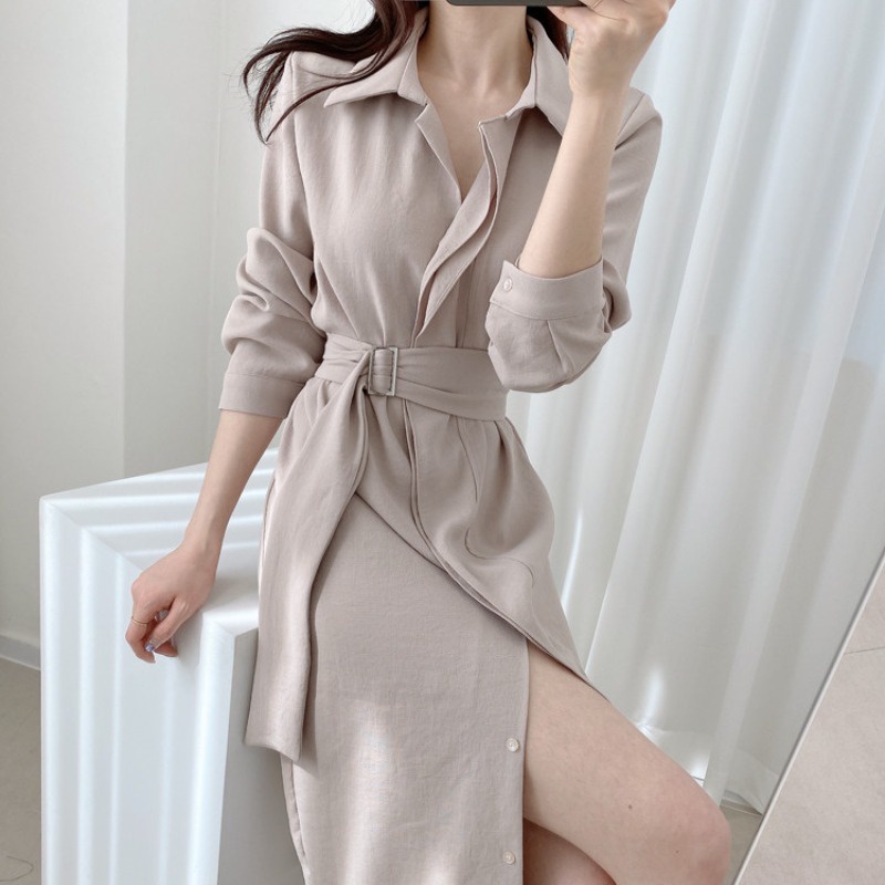 Đầm sơ mi thắt eo giấu cúc dáng dài công sở phong cách nhẹ nhàng vintage