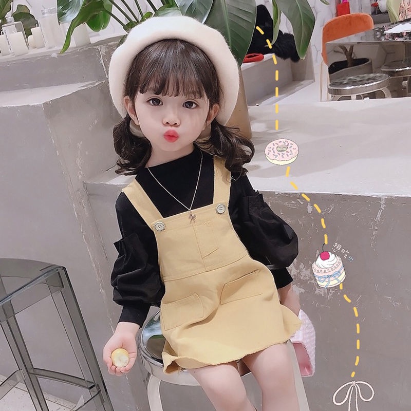 Bộ Áo Tay Phồng Màu Trơn + Chân Váy Yếm Cỡ Nhỏ / Trung Bình Dễ Thương Thời Trang Xuân Thu Cho Bé Gái