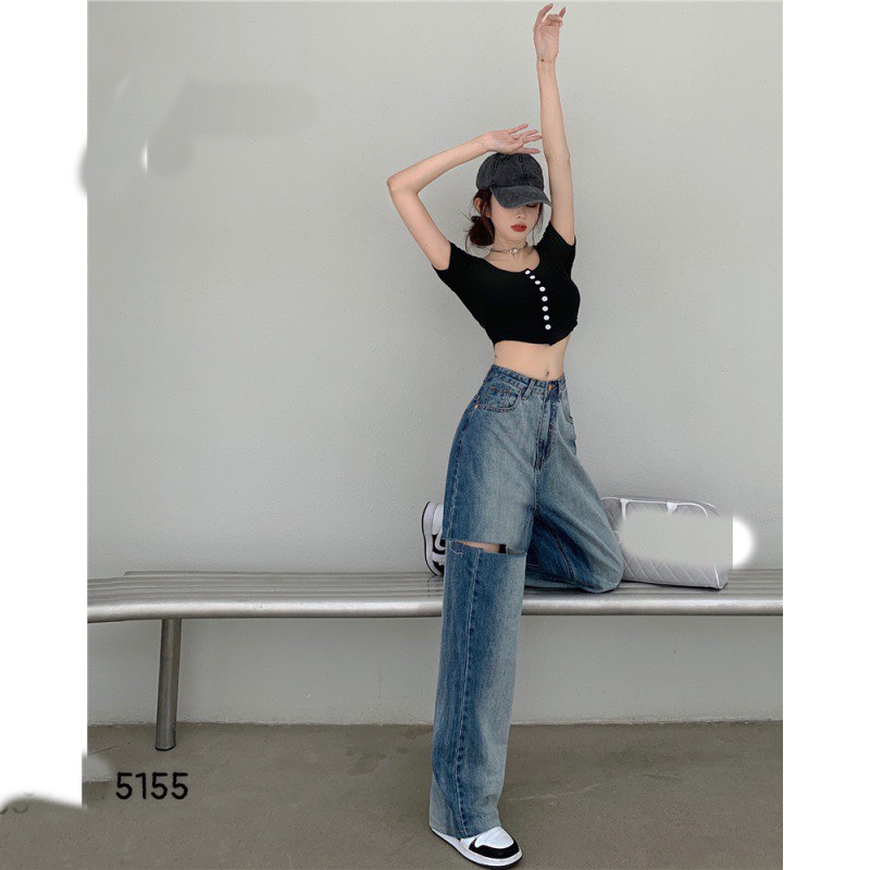 QUẦN JEANS ỐNG RỘNG NỮ LƯNG CAO LOANG SỌC TRẮNG RÁCH BE PHẢI CAO LAI CUỐN SIÊU MỀM MỊN CỰC HOT HIT HADI