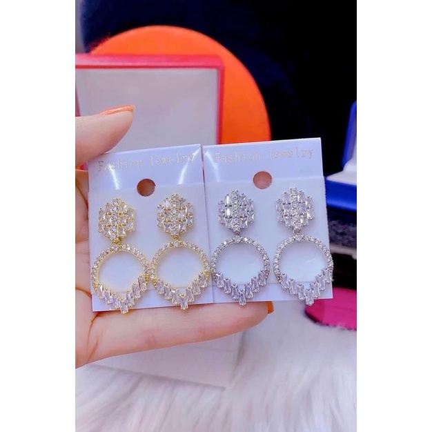Bông tai bạc nữ kiểu thả hình tròn đính đá nhân tạo - Trang sức bạc Evasilver