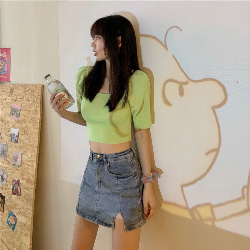 NZN Áo croptop dệt kim tay ngắn cổ vuông thời trang Hàn Quốc