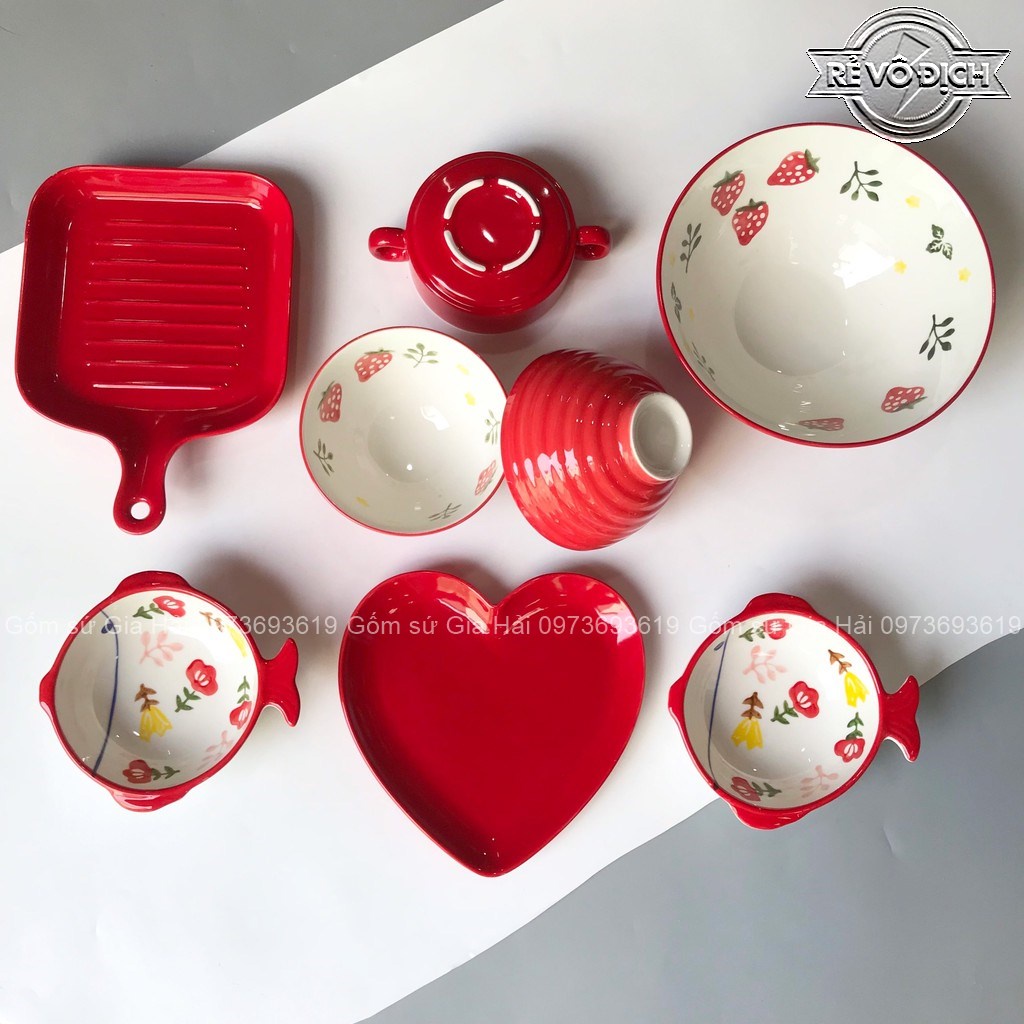 Set Bát Đĩa Decor Dâu Tây Bát Ăn Cơm Chén Dĩa Dễ Thương Bát Ăn Dặm Cho Bé