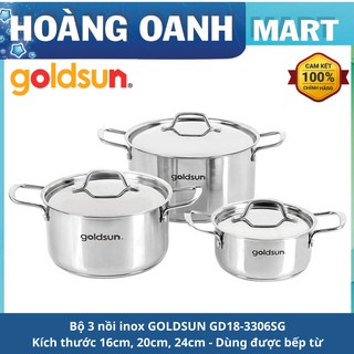 Bộ 03 nồi inox GOLDSUN GD18-3306SG kích thước 16, 20,24 cm dùng được mọi loại  kể cả bếp từ