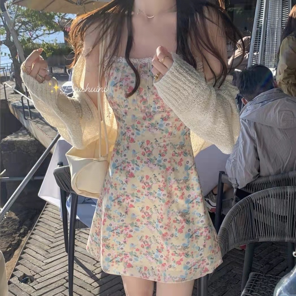 SUXI Đầm Midi Hai Dây Dáng Ôm Trễ Vai In Họa Tiết Hoa Kiểu Vintage Thời Trang Mùa Hè Cho Bạn Gái