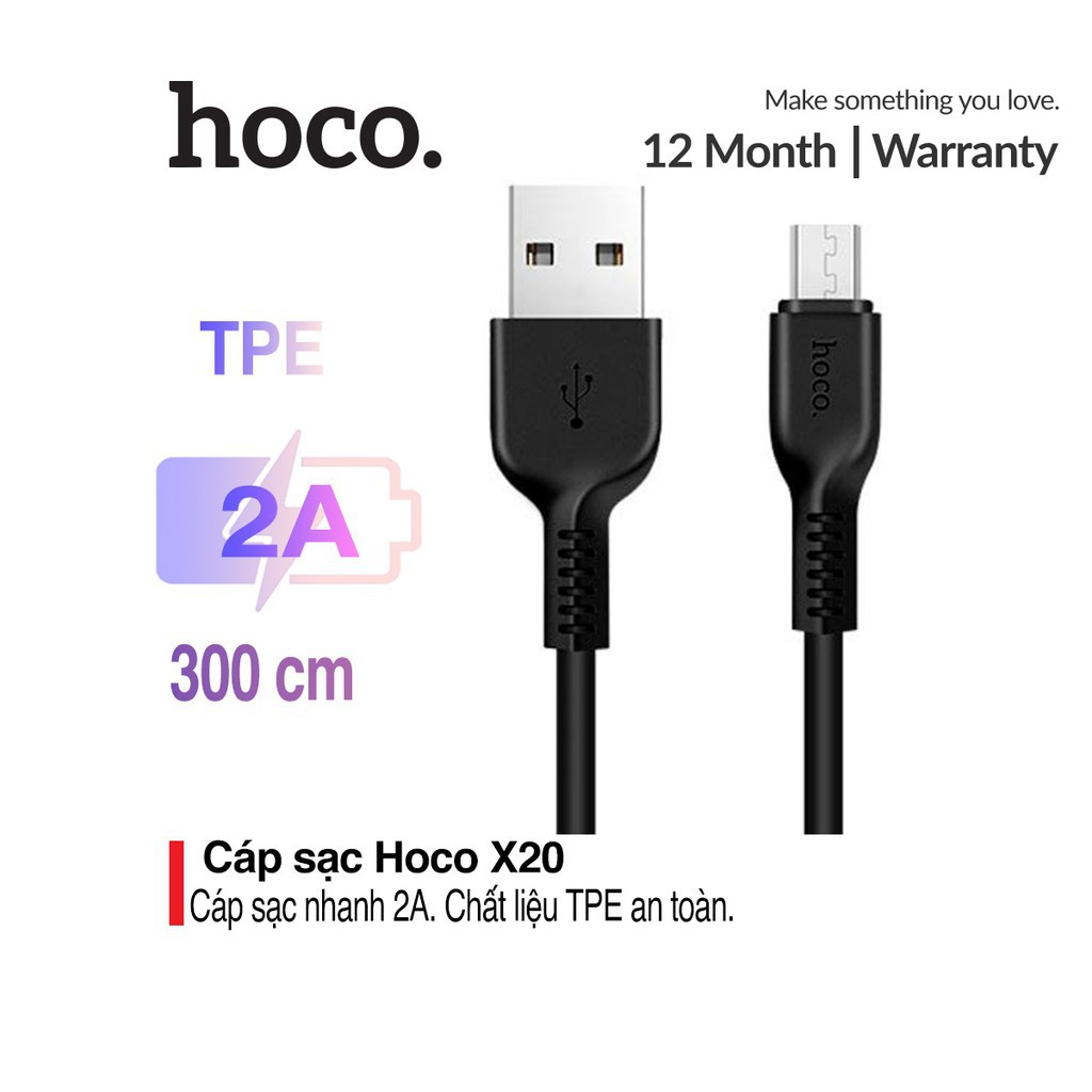 Cáp sạc nhanh 2A Hoco X20 Micro truyền dữ liệu ổn định chất liệu TPE siêu bền dài 1M/2M/3M cho Android