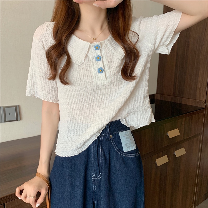Áo croptop chiffon Tay Ngắn Cổ Búp Bê In Hoa Dễ Thương
