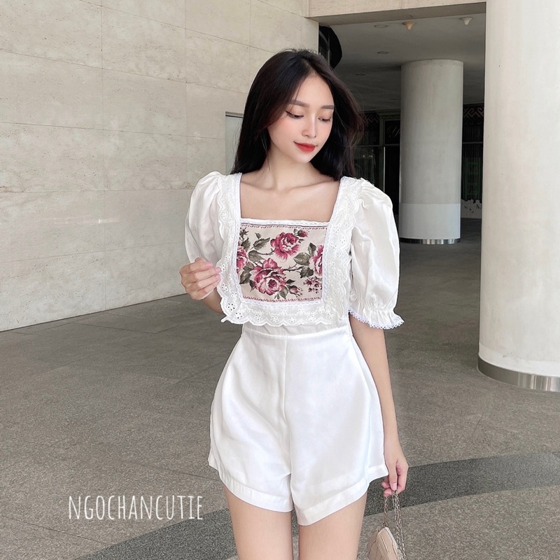 Jumpsuit trắng (đã có lớp lót)  linen thêu hoa cổ điển Dear ex tay phồng vintage Ngochancutie