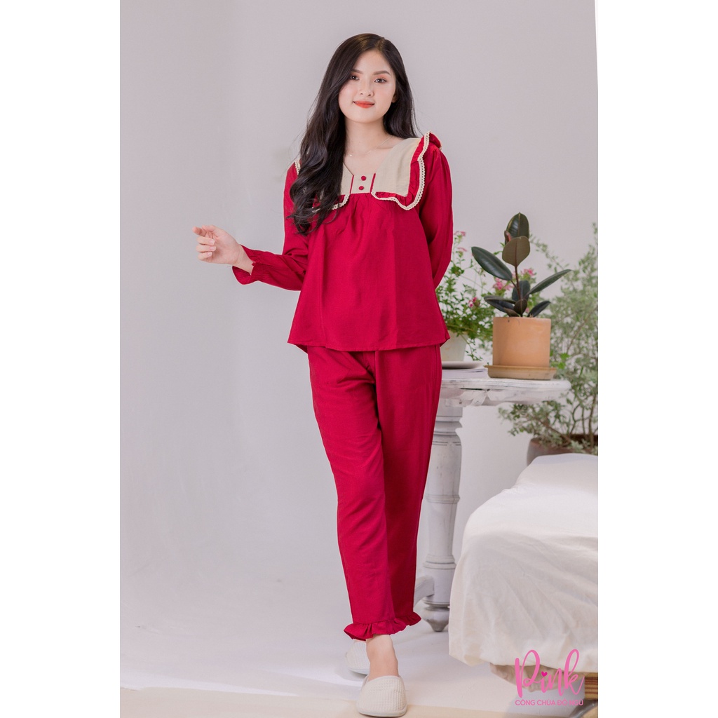 Bộ Đồ Ngủ Pijama Dài Tay Pinksleepwear Quần Dài Vải Đũi Cao Cấp Thoáng Mát Bộ Ngủ Nữ Phong Cách Tiểu Thư Hàn Quốc