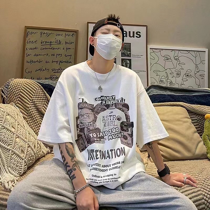 Áo thun BEIMILI Tte101 tay lỡ in chữ thời trang đường phố phương Tây