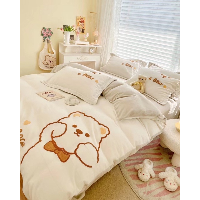 Set Bộ Vỏ Nỉ Nhung Mịn Thêu Gấu Beo Má Dễ Thương Nhiều Màu Sắc_shinbedding