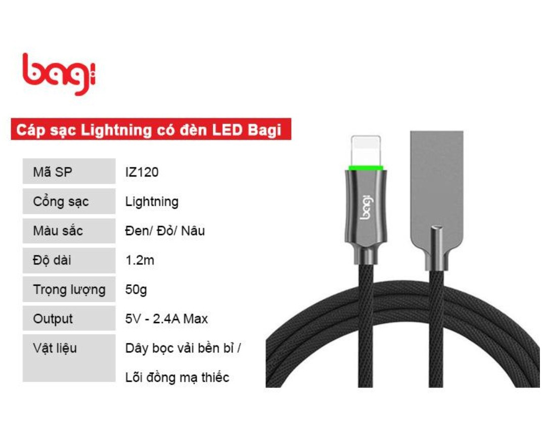 Cáp sạc nhanh Lightning LED Bagi IZ120 chính hãng