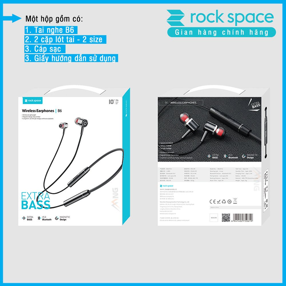 Tai nghe bluetooth không dây thể thao Rockspace B6, dành cho chạy bộ, tập GYM, thiết kế nhét tai, có micro, pin 6 tiếng