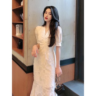 Đầm midi cổ v đuôi cá kiểu pháp