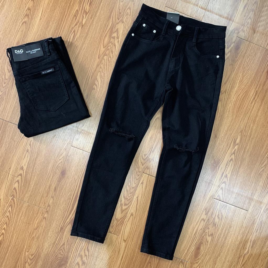 Quần Bò Dài Nam 2021 - Quần Bò Rách Gối Màu Đen Đơn Giản - Vải Jean Cotton Cao Cấp Co Dãn Nhẹ - Size 28/34 - Jean Nam..