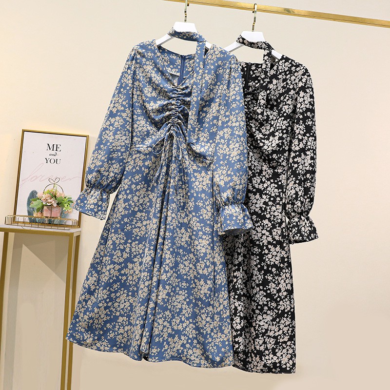 🌸Hàng Order🌸 Váy Hoa Nhí Bigsize Rút Ngực Kèm Khăn Quàng Cổ Nữ Tính Cổ Điển 🌸Hàng Quảng Châu