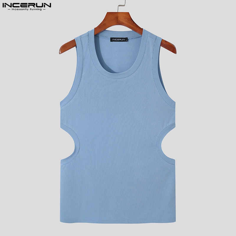Áo kiểu INCERUN sát nách cổ tròn thiết kế khoét lỗ 3 màu sắc tùy chọn thời trang mùa hè dành cho nam