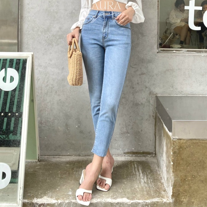 Quần Jean Nữ Ôm Skinny 9 tấc Ống Côn Lưng Cạp Cao Basic cơ bản Chất Denim bò Co Giãn Gấu Tua Cao Cấp LAURA JEANS SKJN03.