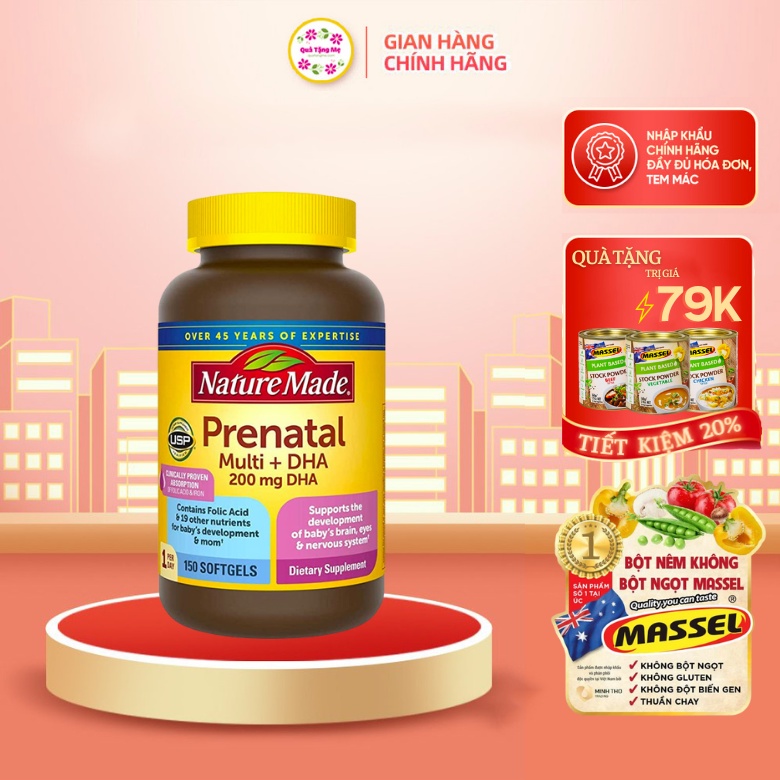 Vitamin tổng hợp cho bà bầu Nature Made Prenatal Folic + DHA - Vitamin của Mỹ, 150 viên Healthy Care quatangme1