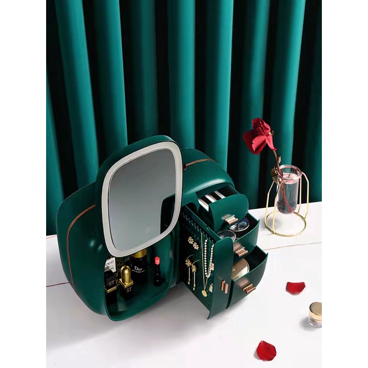 Hộp đựng mỹ phẩm trang sức có gương đèn Led chống nắng chống bụi, Hộp đựng mỹ phẩm nhiều ngăn tiện ích