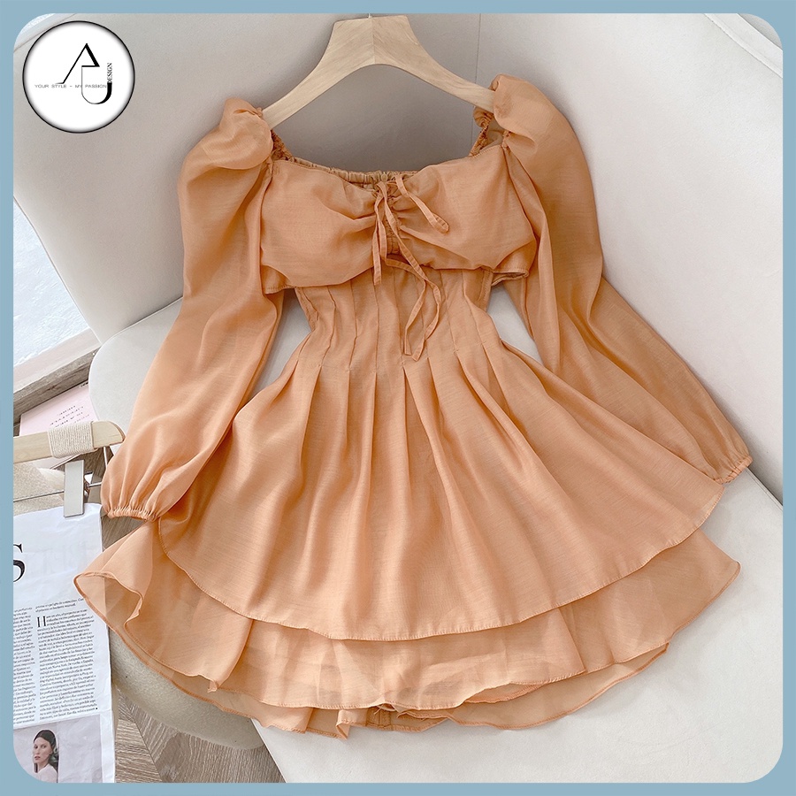 Đầm Tiểu Thư Tay Phồng AU.DESIGN Thiết Kế Sang Chảnh Lộng Lẫy Dáng Xòe Có Mút Ngực Màu Nude Freesize