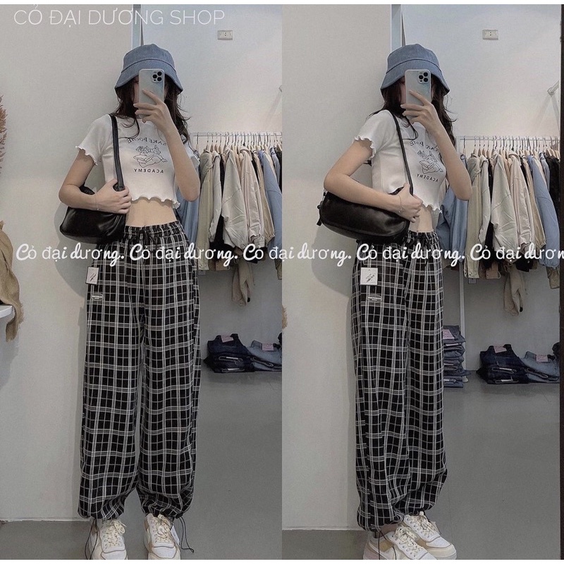 quần ống rộng caro mặc 2 kiểu