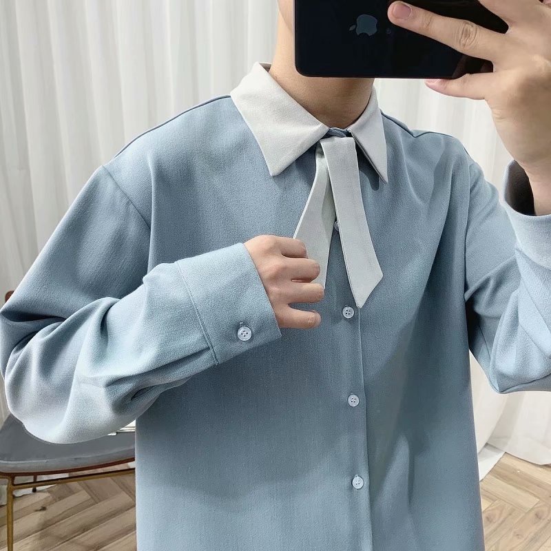 Áo Sơ Mi Trơn Tay Dài Dáng Rộng Thoáng Khí Phong Cách Hip Hop Đường Phố Hàn Quốc Cho Nam