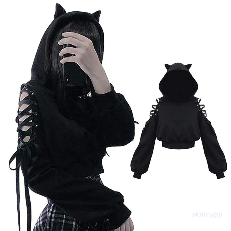 Áo Hoodie Croptop Dáng Rộng Hở Vai Tay Dài Khoét Lỗ Hở Vai Đính Tai Mèo Dễ Thương Phong Cách Harajuku Cho Nữ