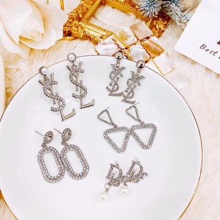 Bông tai nữ đẹp - Khuyên tai nữ màu bạc ysl đính đá dáng dài sang trọng nhiều mẫu chọn