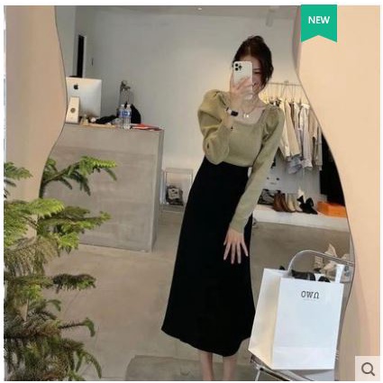 bigsize S-XL áo len cổ vuông + chân váy công sở thu đông E136 CARA