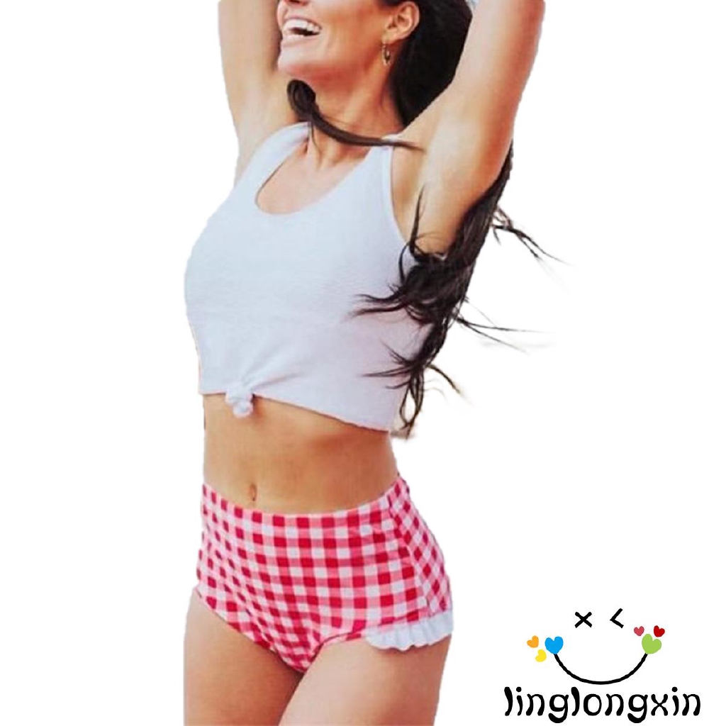 ♛BA♚Women two-piece swimsuit ruffled plaid thong fashion bikini suit | BigBuy360 - bigbuy360.vn