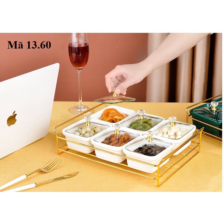 Khay mứt 4-6 ngăn nắp thủy tinh giá inox, hũ đựng mứt Tết: 13.60