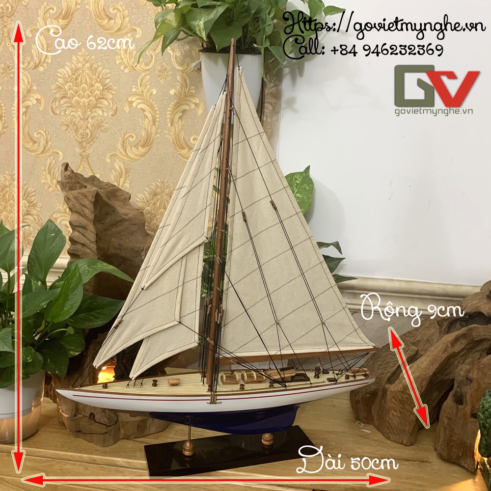 Mô hình thuyền gỗ trang trí mô hình du thuyền đua Shamrock V - Thân tàu dài 50cm - Sơn màu Xanh/Trắng