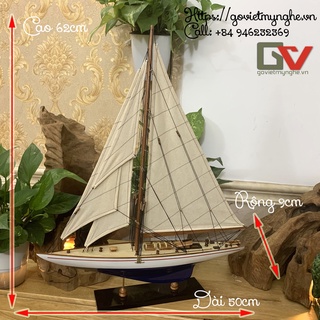 Mô hình thuyền gỗ trang trí mô hình du thuyền đua Shamrock V - Thân tàu dài 50cm - Sơn màu Xanh/Trắng