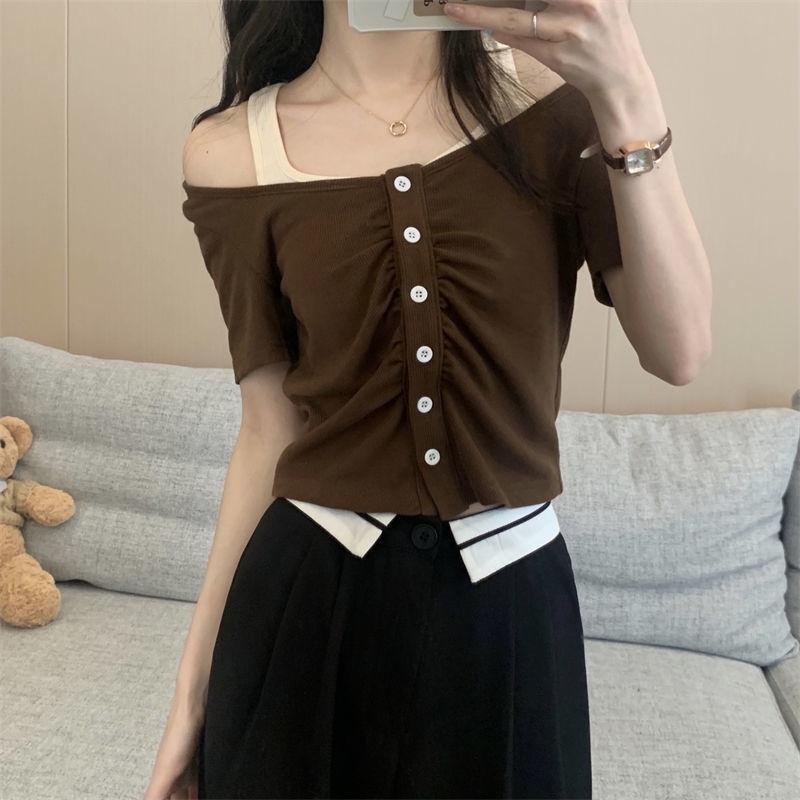 Áo Thun Ngắn Tay Giả Hai Lớp Màu Sắc Tương Phản Phong Cách Hàn Quốc Dành Cho Nữ