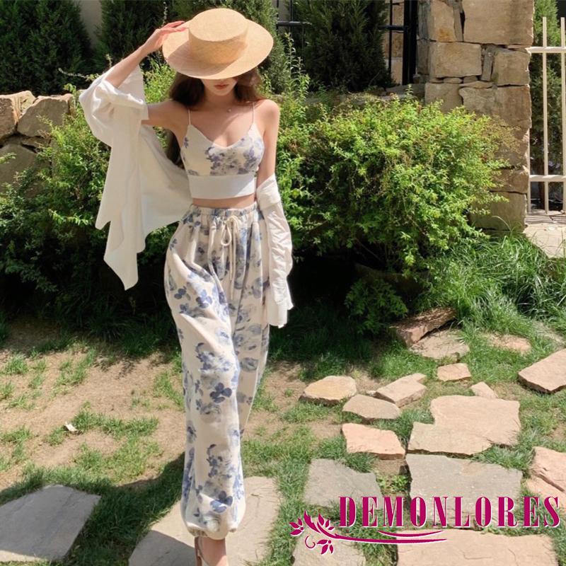 Set Đồ 2 Món Gồm Áo Hai Dây Cổ Chữ V In Họa Tiết Hoa + Quần Dài Lưng Thun Có Dây Rút Cho Nữ