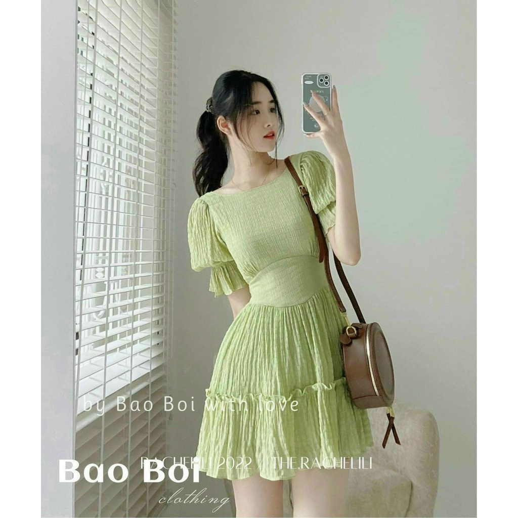 đầm dáng ngắn cổ tròn tay bo chun (có mút, có lót) siêu xinh
