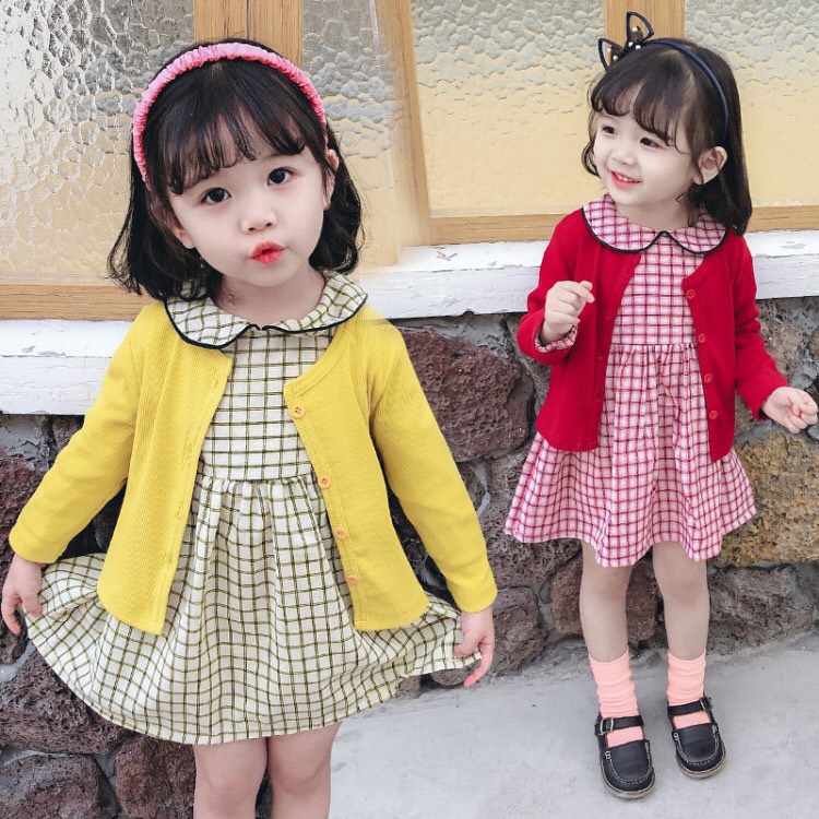 Set áo khoác kèm váy kẻ cho bé gái XHN338