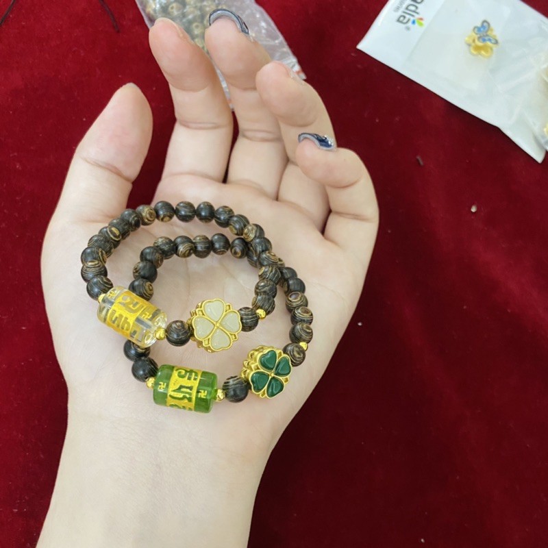 Vòng Trầm Hương Sánh Chìm phối Lu Tây Tạng + charm Cỏ 4 Lá - Vòng tay Nam Nữ - Vòng gỗ tự nhiên
