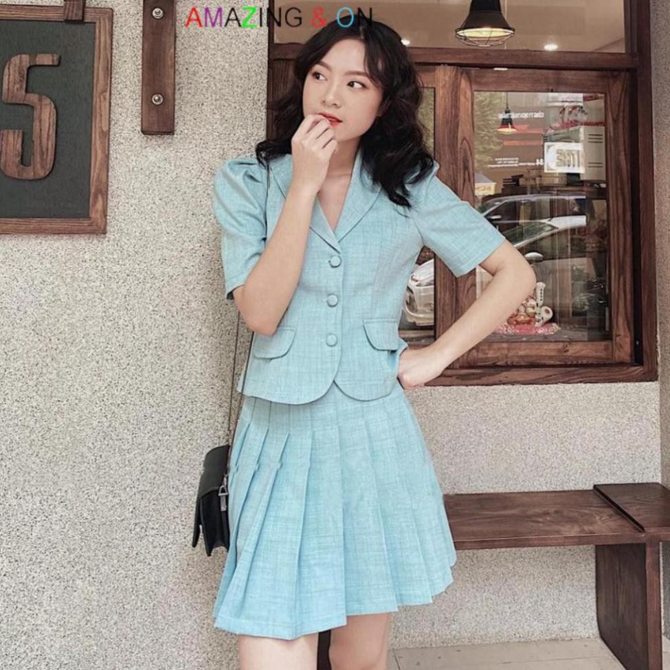 Bộ vest nữ kèm chân váy xếp ly siêu xinh, cổ sam, tay ngắn phong cách Hàn Quốc, có nhiều màu AZ | BigBuy360 - bigbuy360.vn