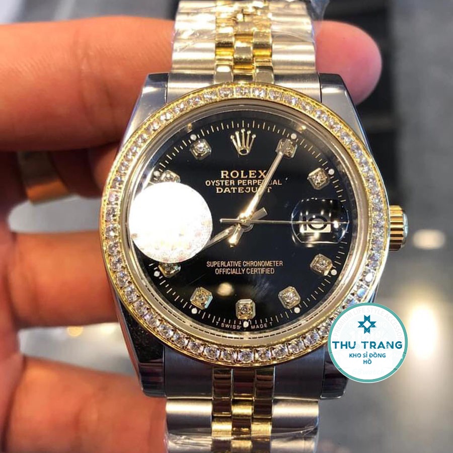 Đồng hồ Nam Rolex máy nhật, mẫu classic, mặt đen viền vàng đính đá dây kim loại, dòng cơ Automatic size 39mm-40mm | BigBuy360 - bigbuy360.vn