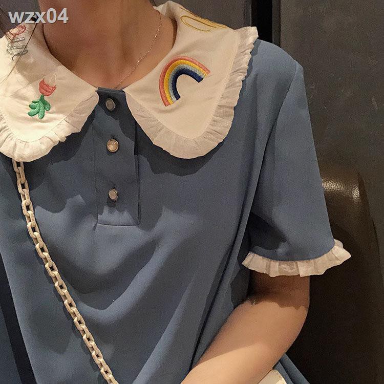 Phong cách mới tùy chỉnh búp bê thêu cổ áo váy voan màu xanh lam lỏng lẻo nhỏ tươi mát polo học sinh mùa hè